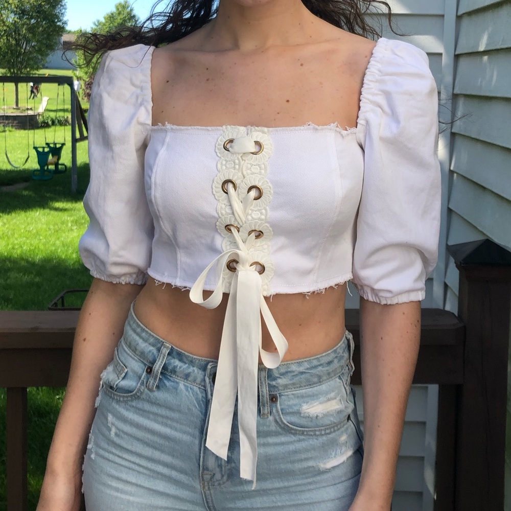 For Love & Lemons White Denim Crop Top